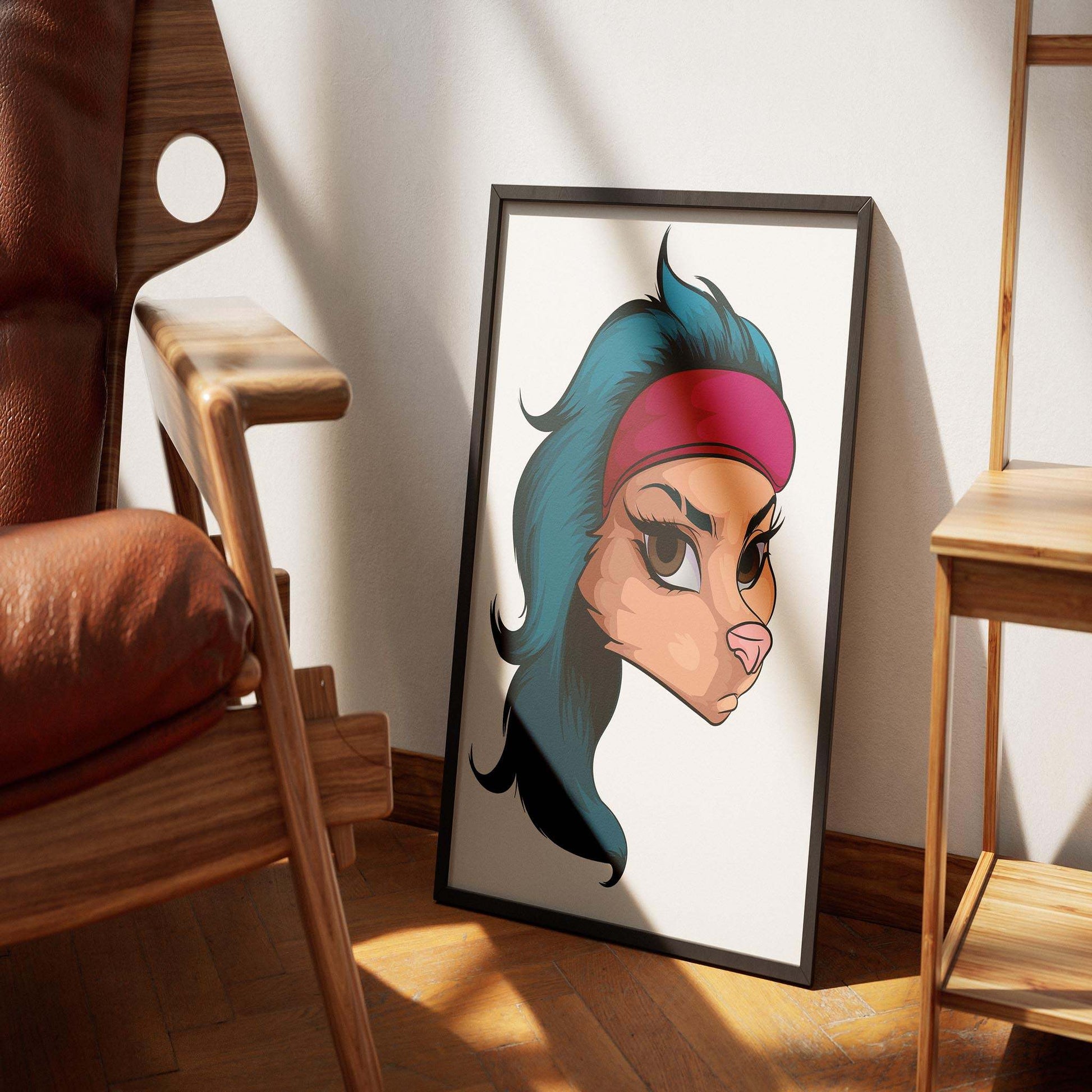 Framed digital artwork of Furries Model 17 with red headband in a cozy room setting.