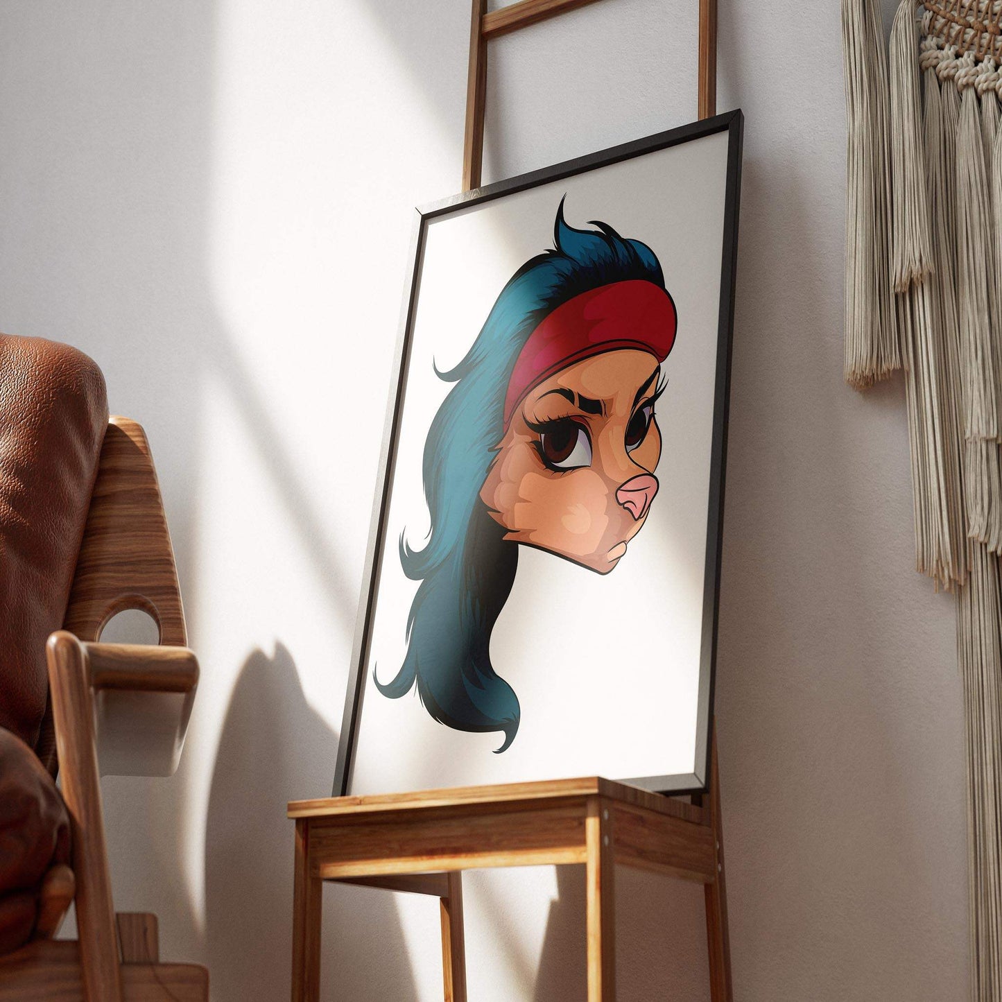 Digital furry art with bold red headband, Model 17, resting on a chair.