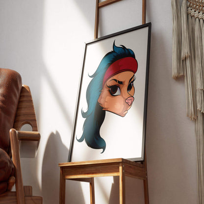 Digital furry art with bold red headband, Model 17, resting on a chair.