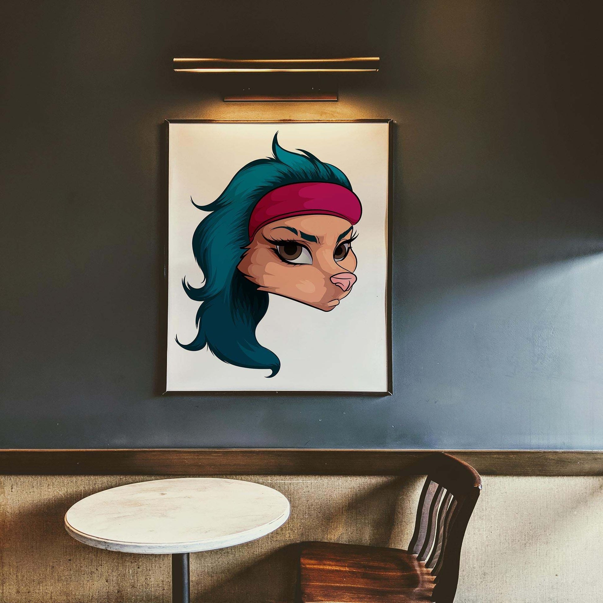 Digital art of a fierce character with a red headband, titled 'Furries Model 17 - Baked Art', displayed in a frame above a table and chair.