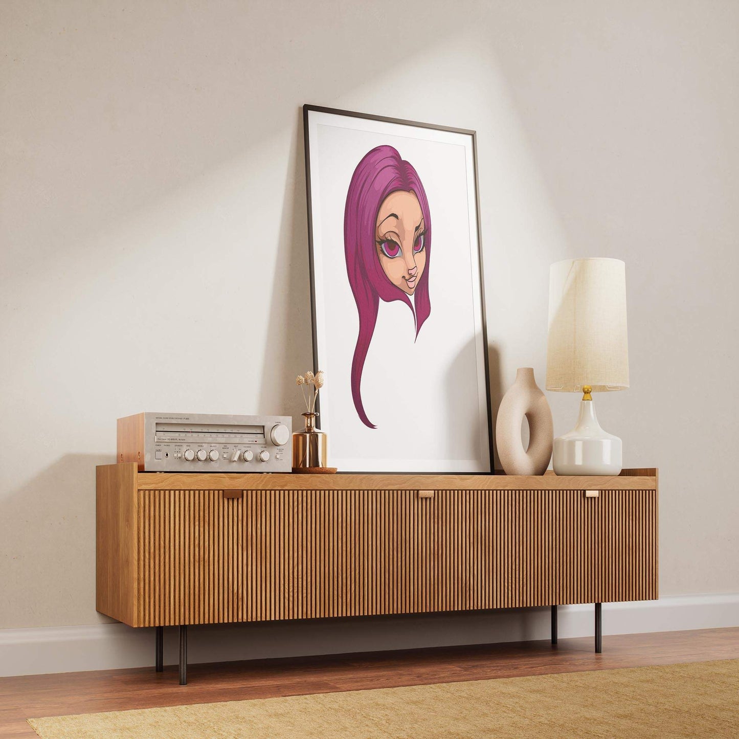 Artistic digital illustration of Furries Model 18 with magenta hair, displayed on a wooden console for a stylish decor setting.