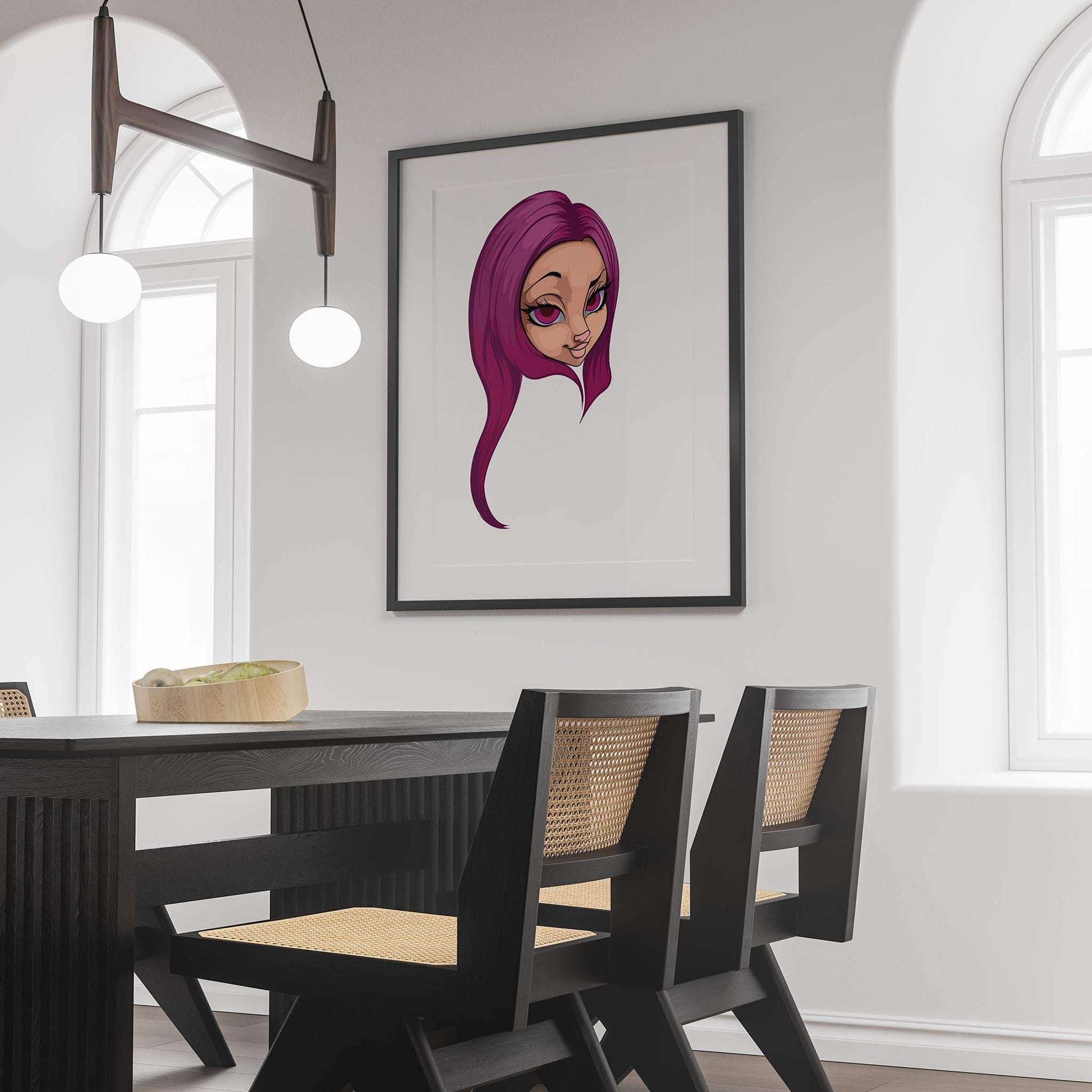 Framed digital art of magenta-haired furry character displayed in a modern room setting.