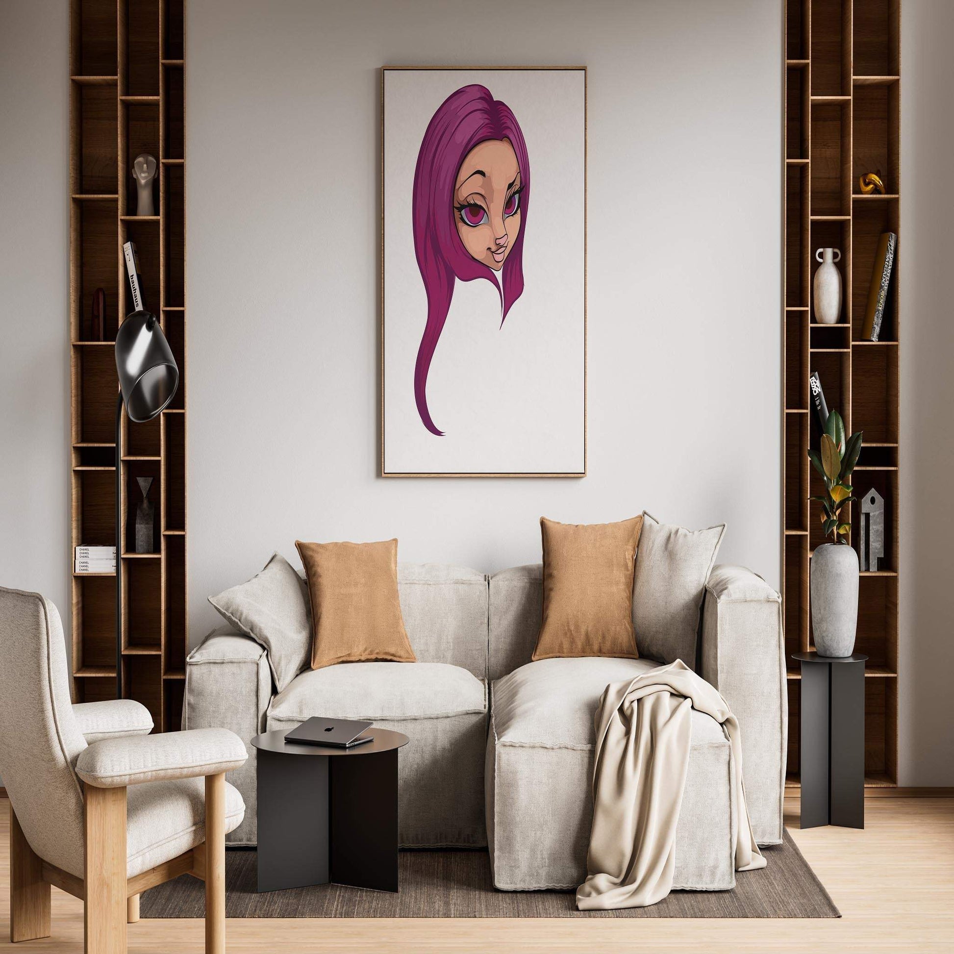 Magenta-haired furry digital artwork with expressive eyes on wall above a modern sofa in a stylish living room.