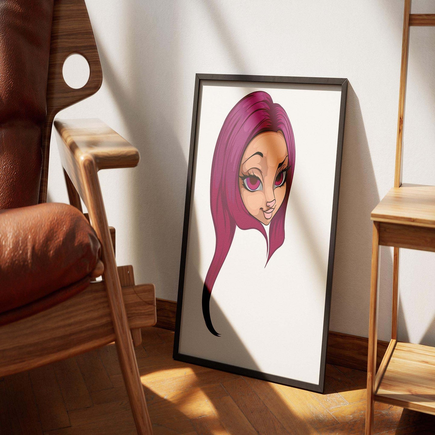 Digital art print of Furries Model 18 with magenta hair, expressive eyes in a sleek design, framed and leaning against a wall.