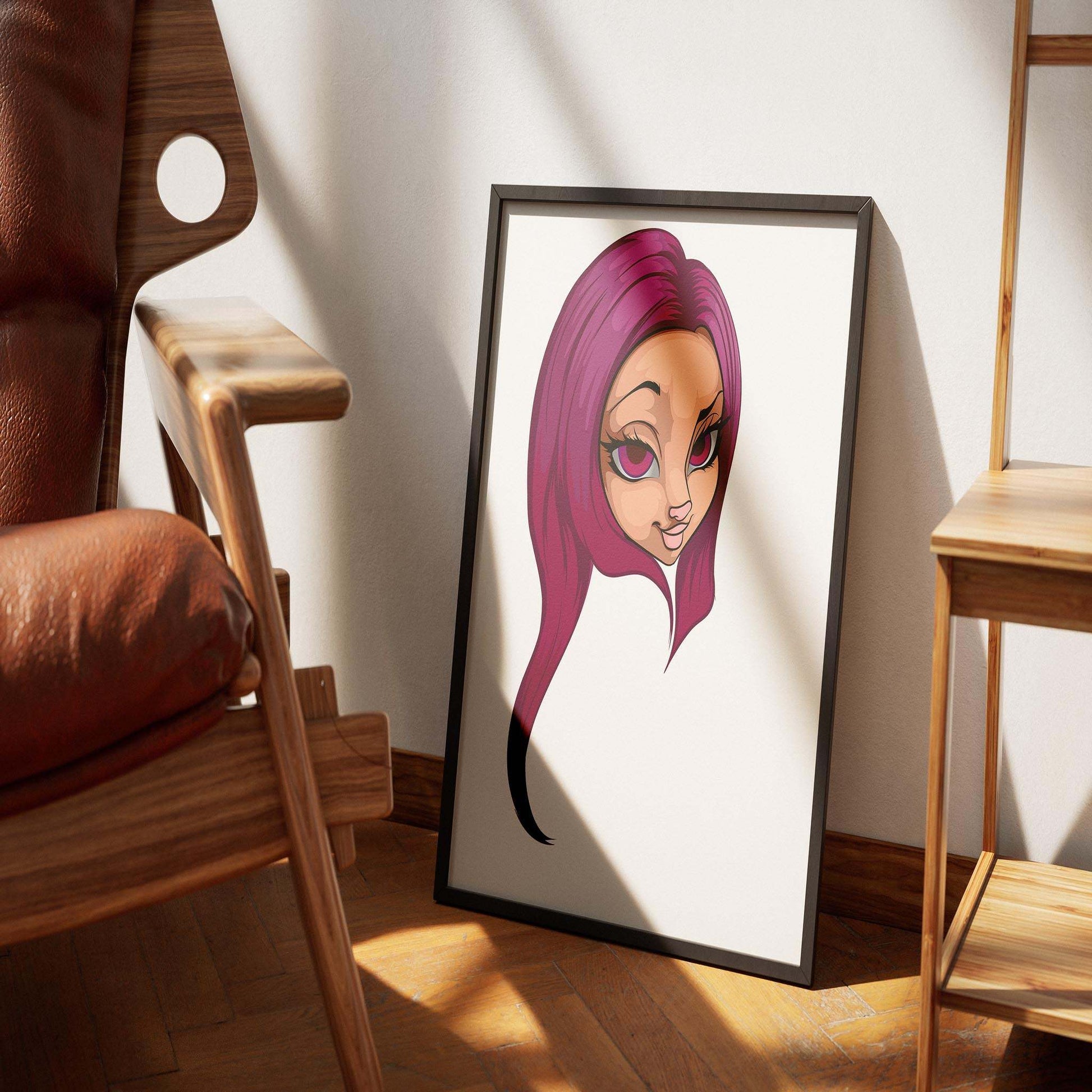 Digital art print of Furries Model 18 with magenta hair, expressive eyes in a sleek design, framed and leaning against a wall.
