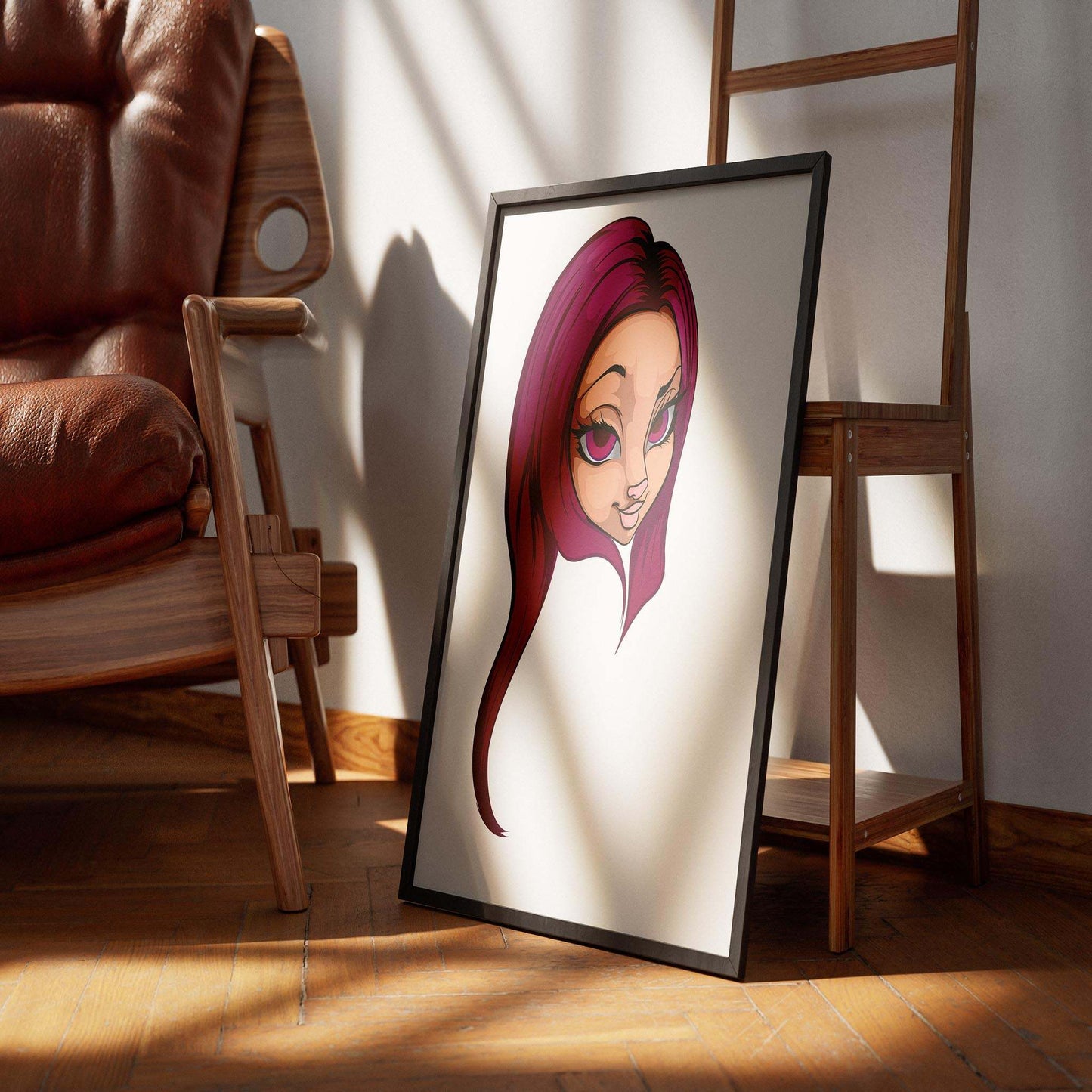 Digital magenta-haired artwork Furries Model 18 in wooden frame, Baked Art design.