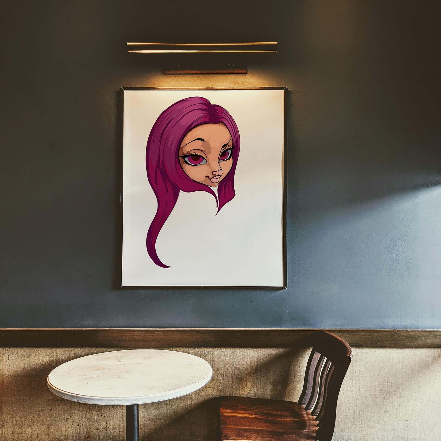 Digital artwork featuring magenta-haired furry with expressive eyes on a sleek design background; ideal for collection and creative inspiration.