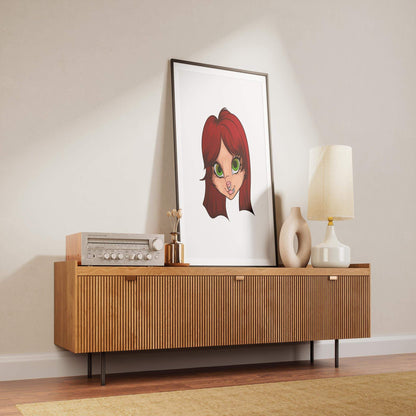 Baked Art - Furries Model 19 digital artwork displayed on a modern wooden cabinet with a lamp and vintage radio.