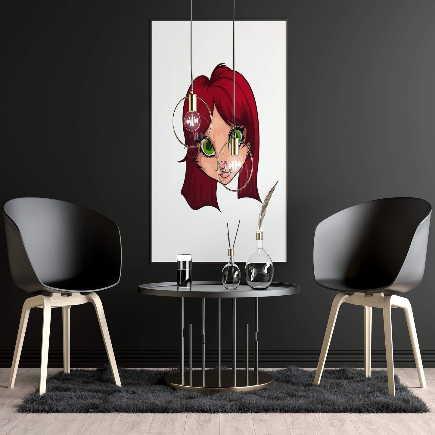 Vivid digital artwork featuring green-eyed furry character, "Baked Art - Furries Model 19," displayed in a modern interior setting.