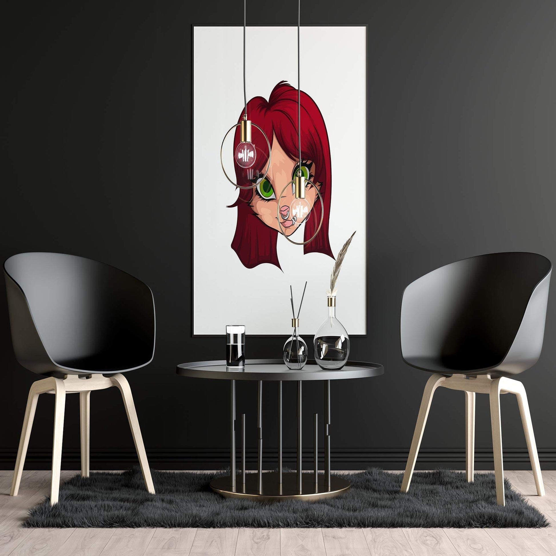 Vivid digital artwork featuring green-eyed furry character, "Baked Art - Furries Model 19," displayed in a modern interior setting.