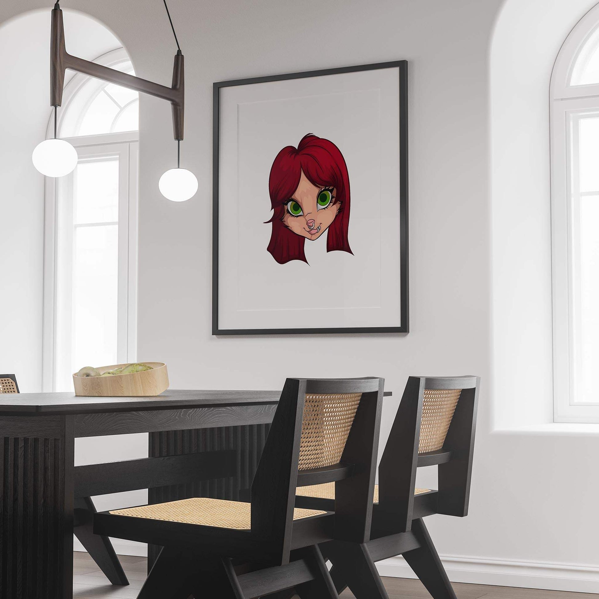 Digital art wall frame featuring Furries Model 19 with vivid green eyes in a modern dining room.