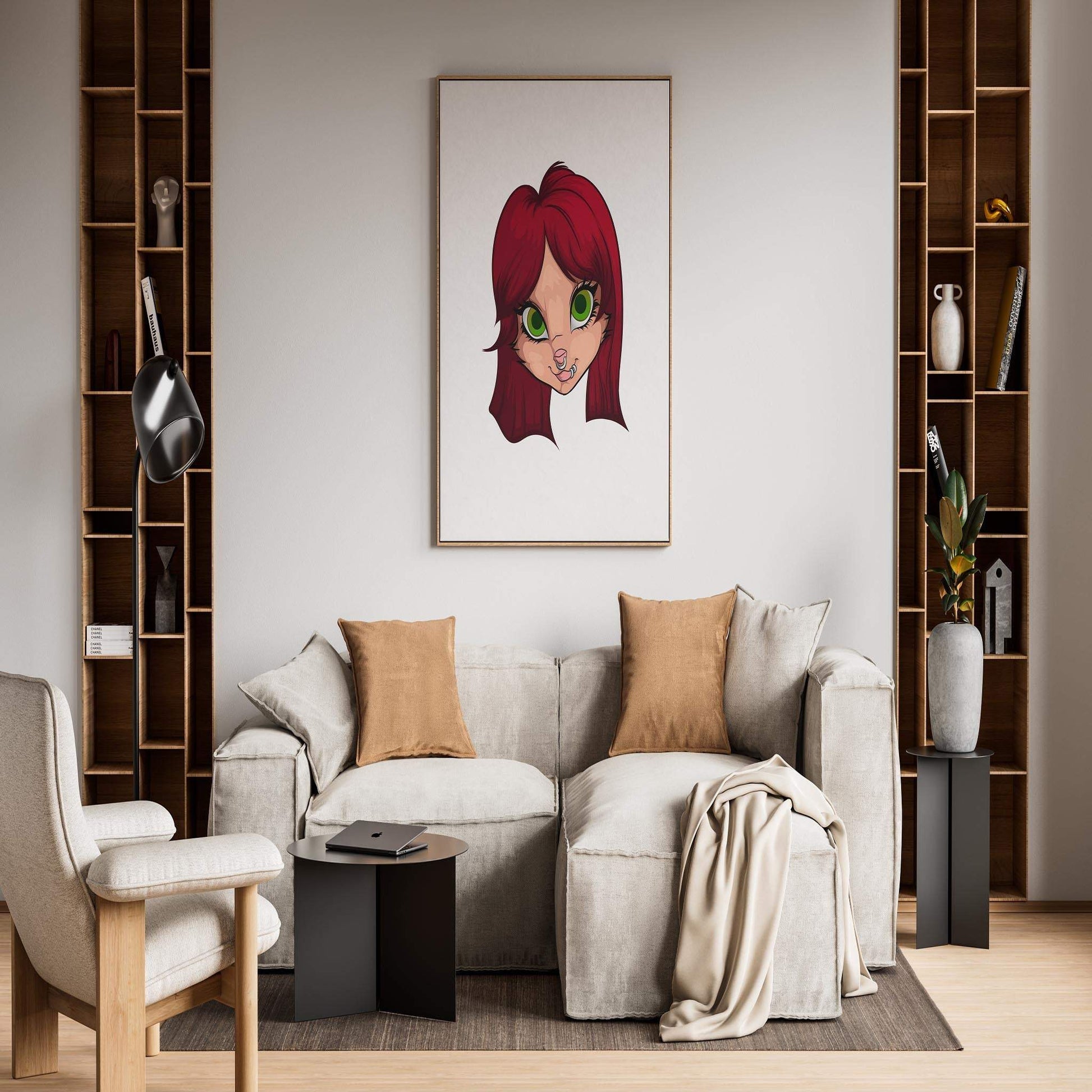 Digital artwork featuring a green-eyed furry character, perfect for gaming avatars and graphic design projects.