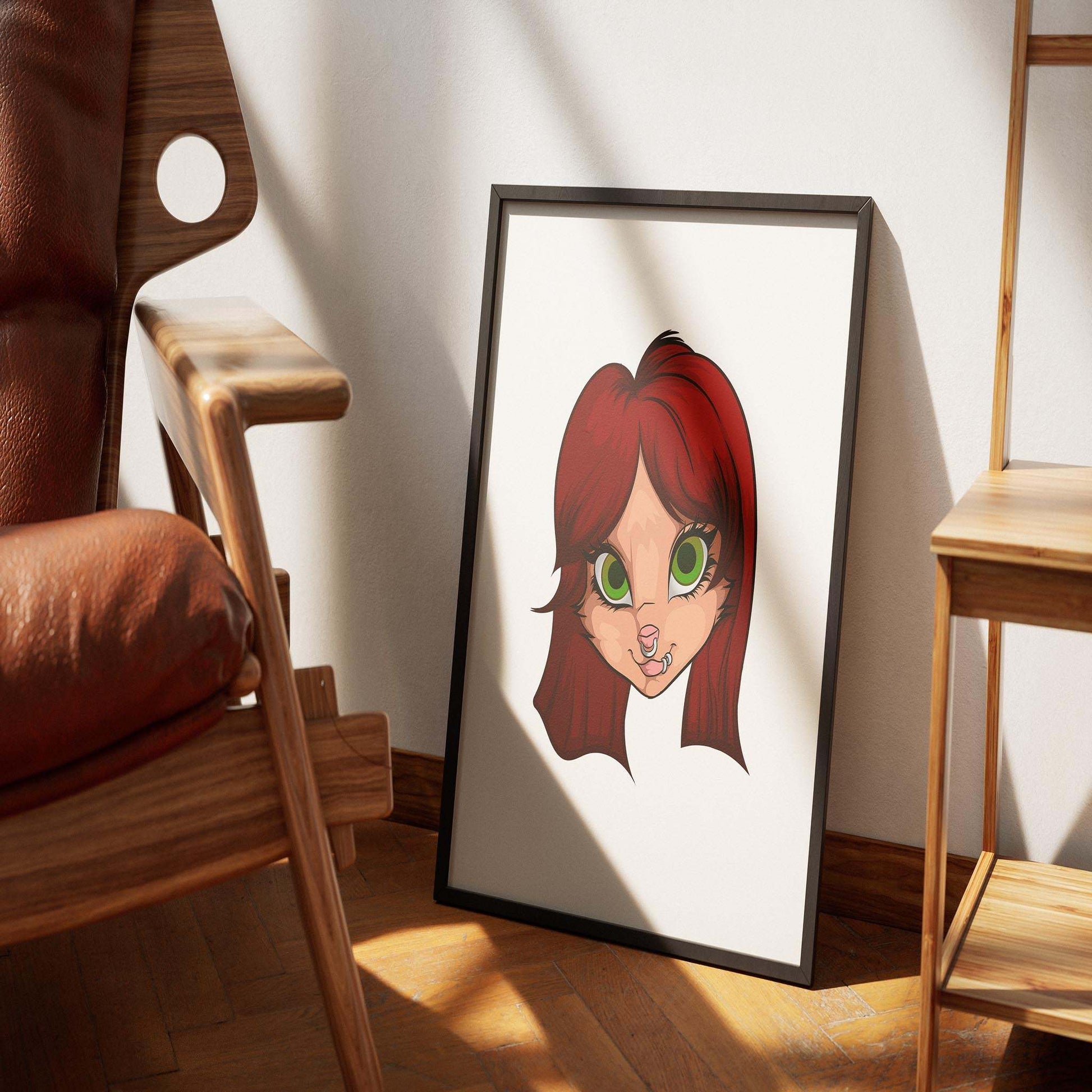 Furries Model 19 artwork in a frame with green-eyed character, vibrant colors, and expressive details, suitable for digital art collections.