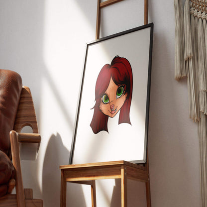 Digital furry artwork in a frame, featuring a green-eyed character with vivid colors and expressive details.