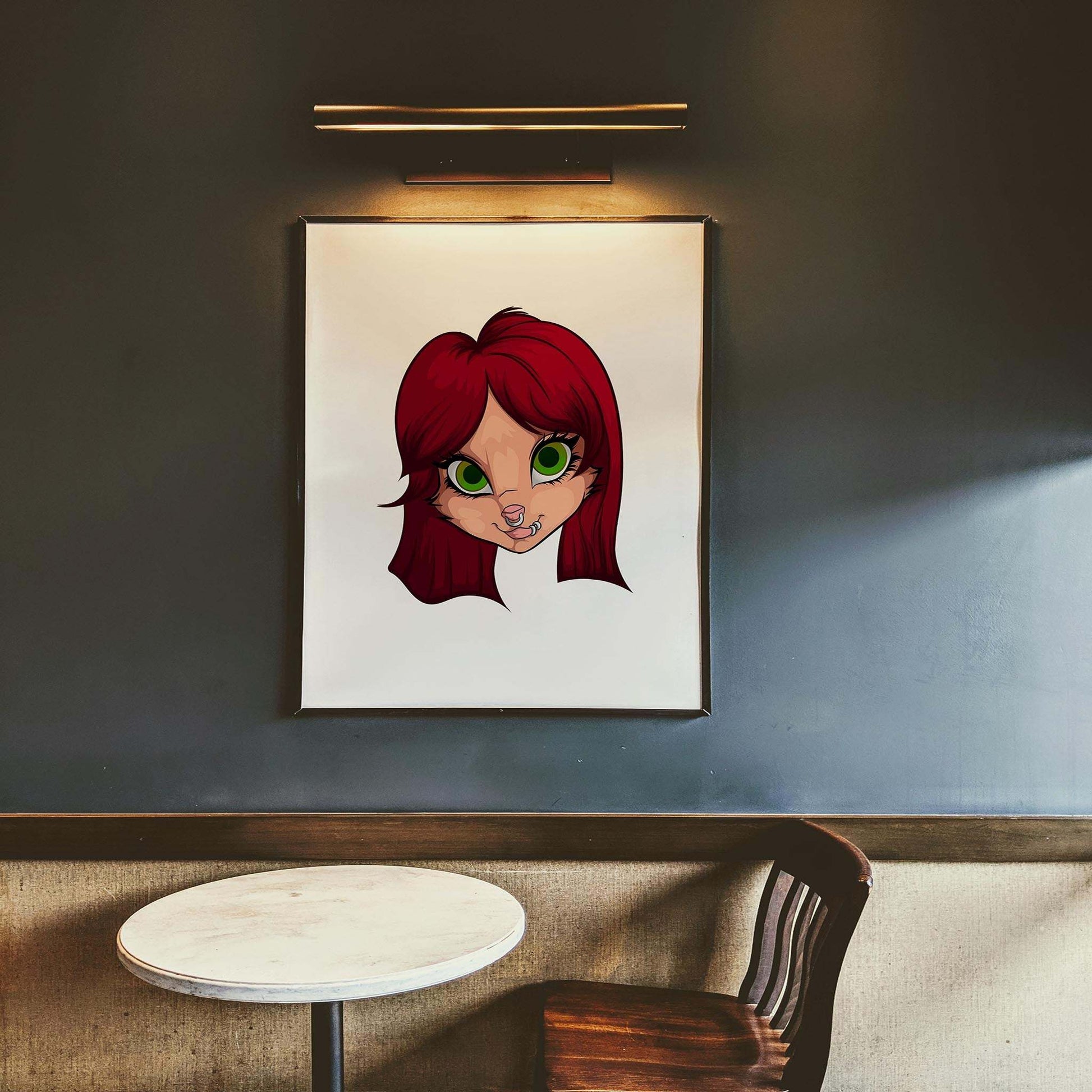 Furry digital artwork featuring a playful, green-eyed character with vivid colors displayed on a wall above a round table.