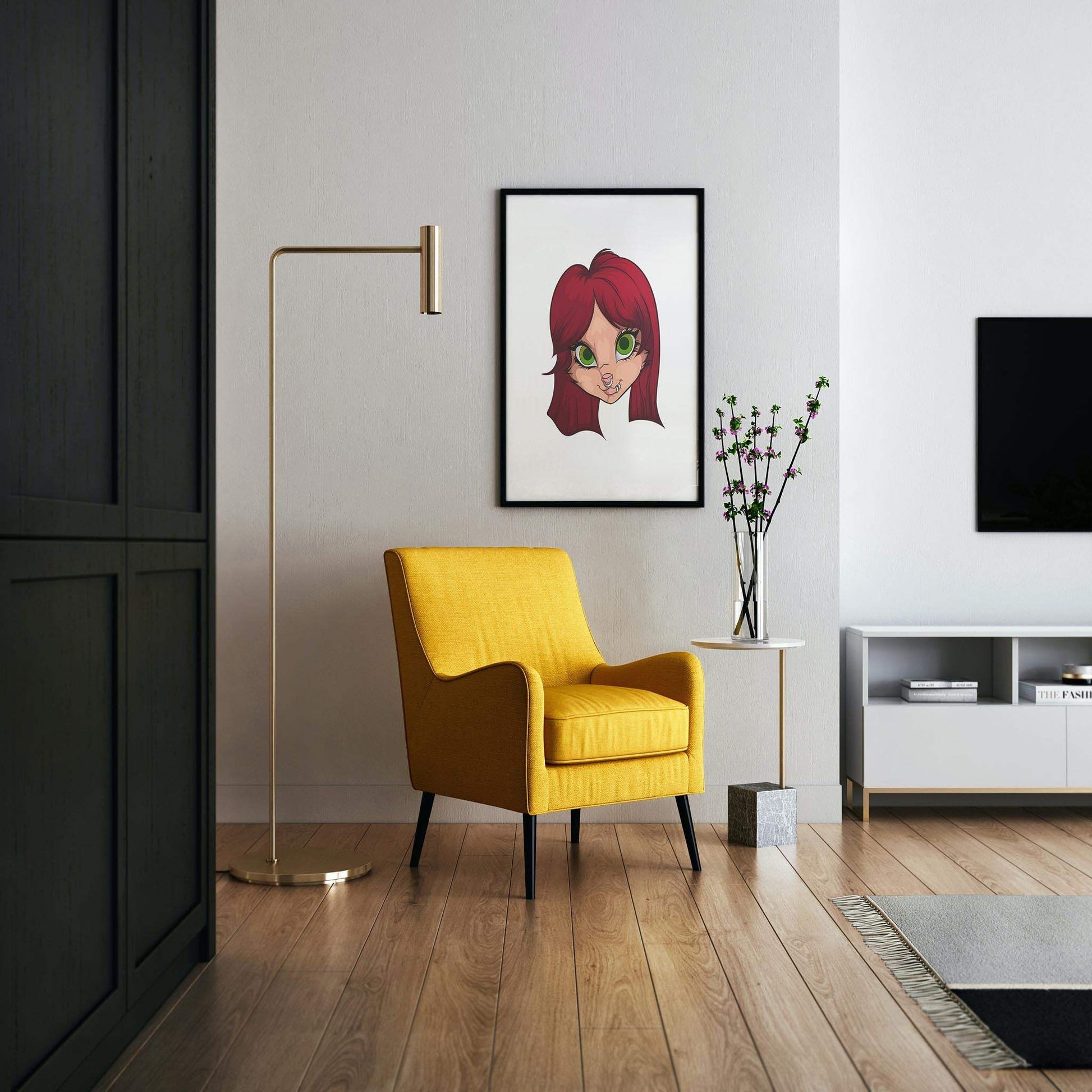 Vibrant furry digital artwork in a modern living room with a yellow chair.