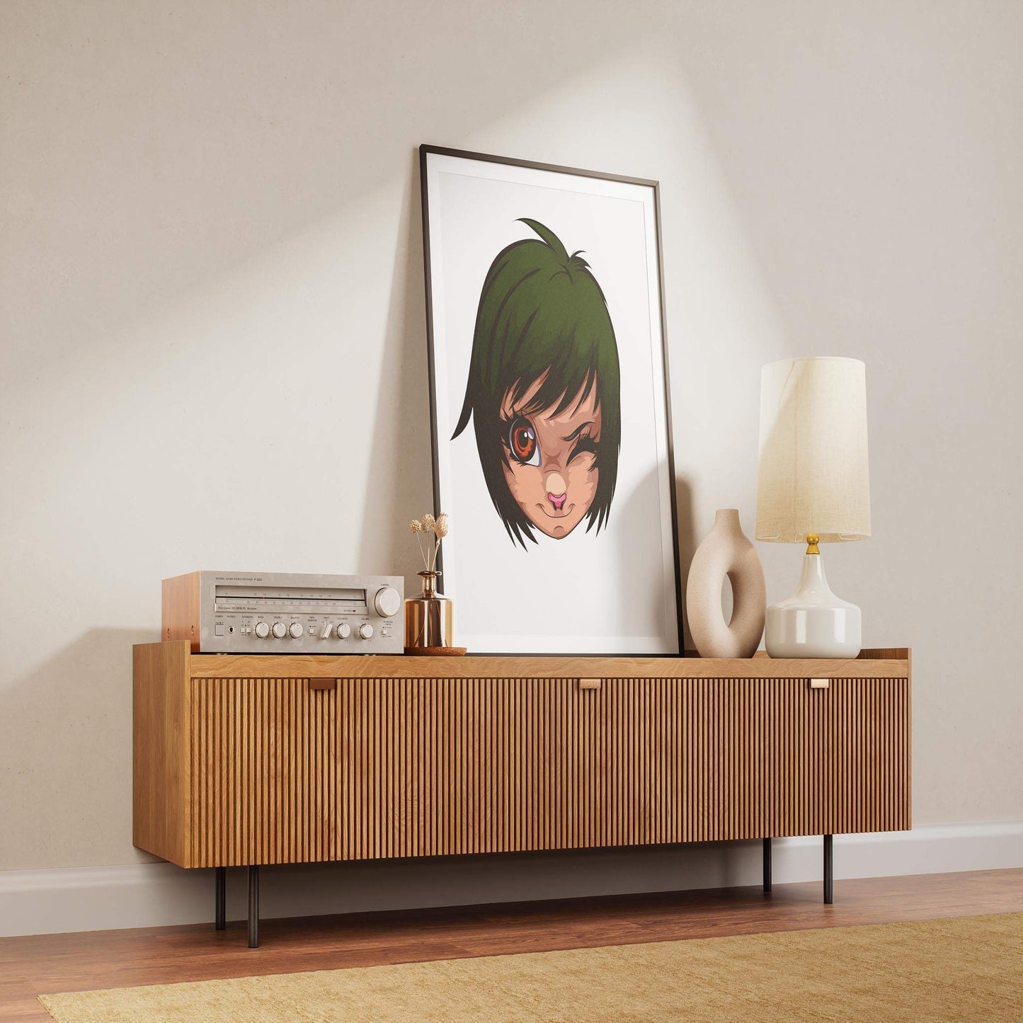 Green-Eyed Mischief Furry Portrait displayed in modern decor setting.