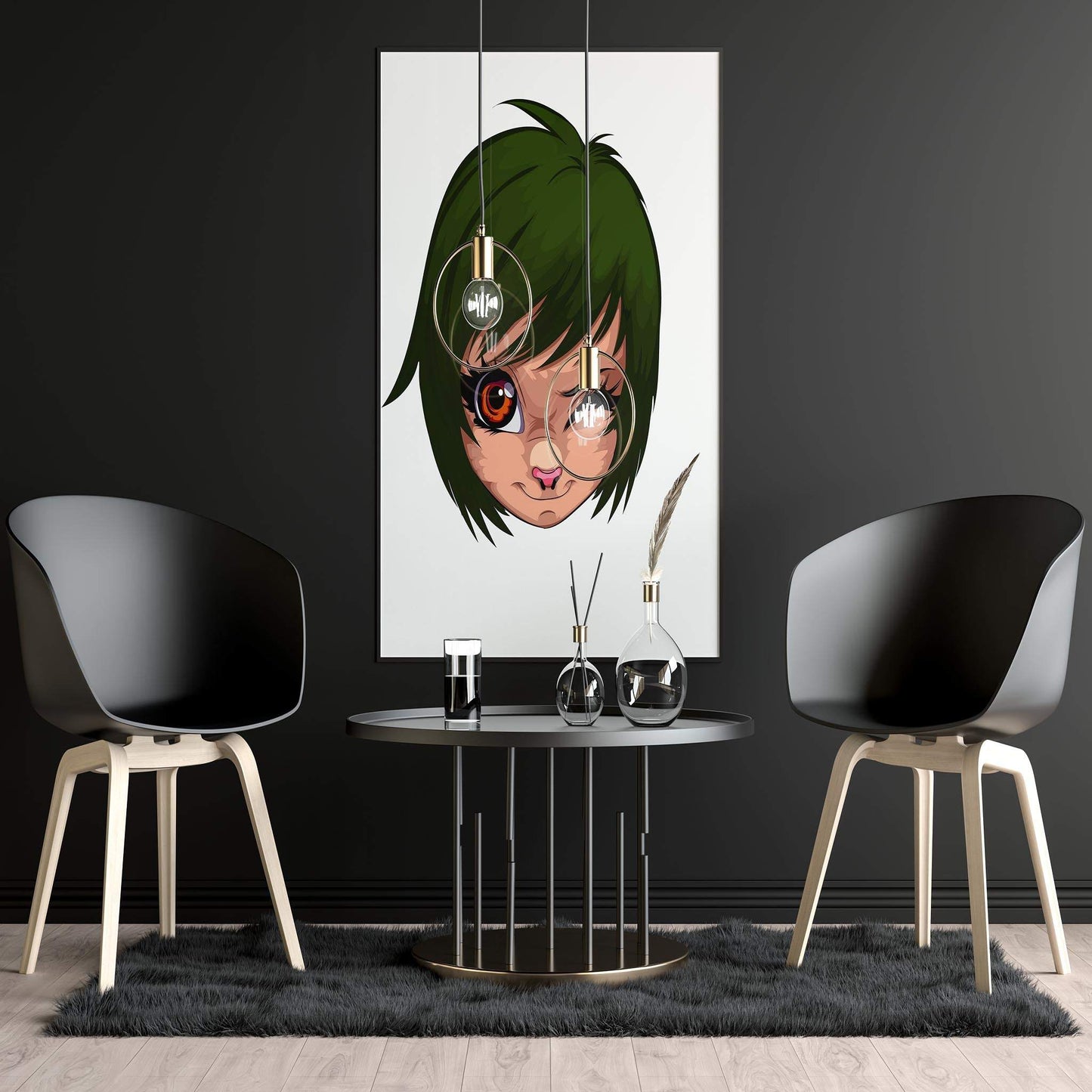 Digital furry art portrait with green eyes and winking expression, ideal for creative home decor and branding.