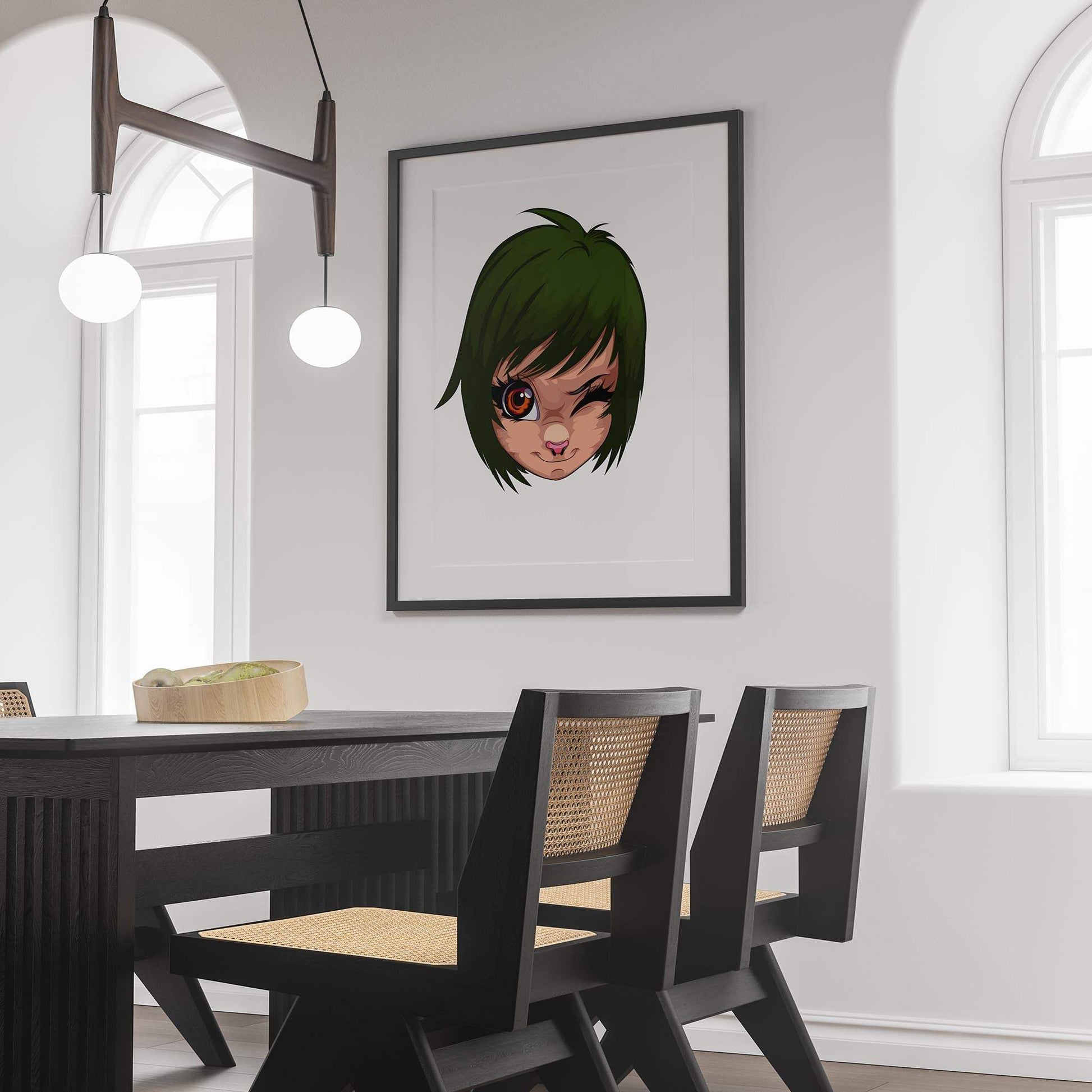 Green-eyed mischievous furry portrait wall art in modern dining room setting.