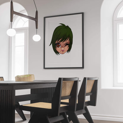 Green-eyed mischievous furry portrait wall art in modern dining room setting.