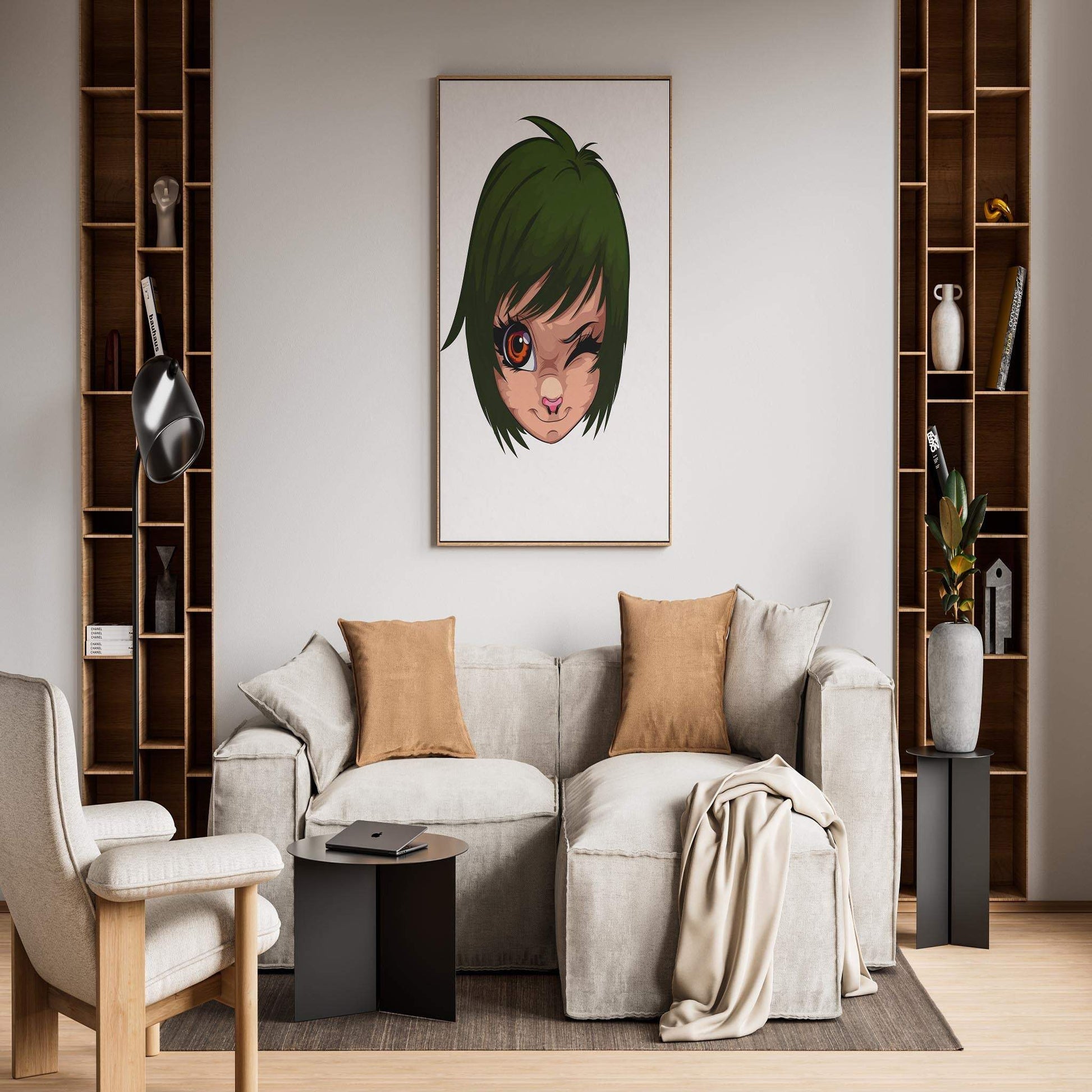 Artwork titled "Furries Model 1 - Digitalized Arts Baked Art" featuring a winking green-eyed furry portrait displayed in an elegantly styled living room.