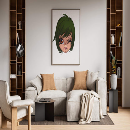 Artwork titled "Furries Model 1 - Digitalized Arts Baked Art" featuring a winking green-eyed furry portrait displayed in an elegantly styled living room.