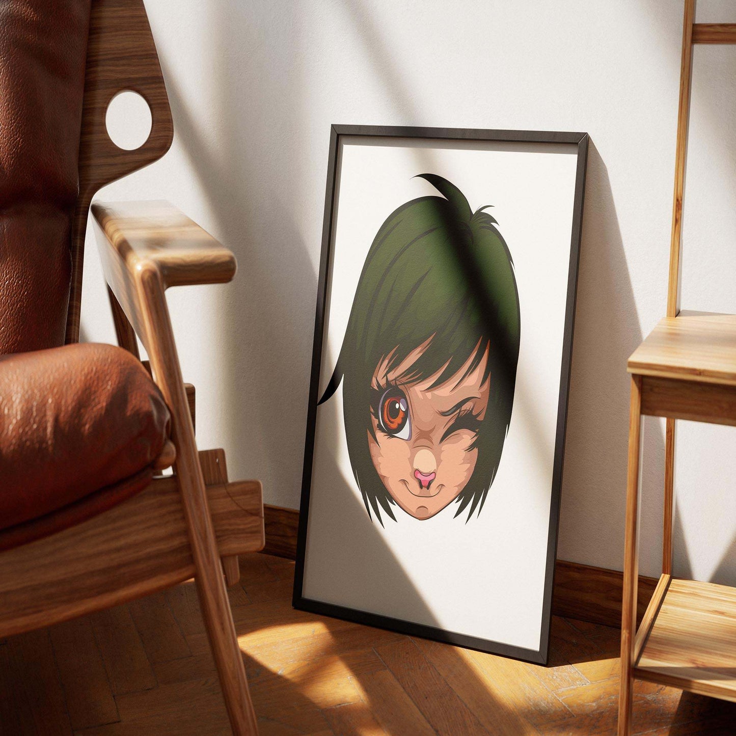 Baked Art Furries Model 1 digital portrait with green-eyed character winking, framed art on floor.