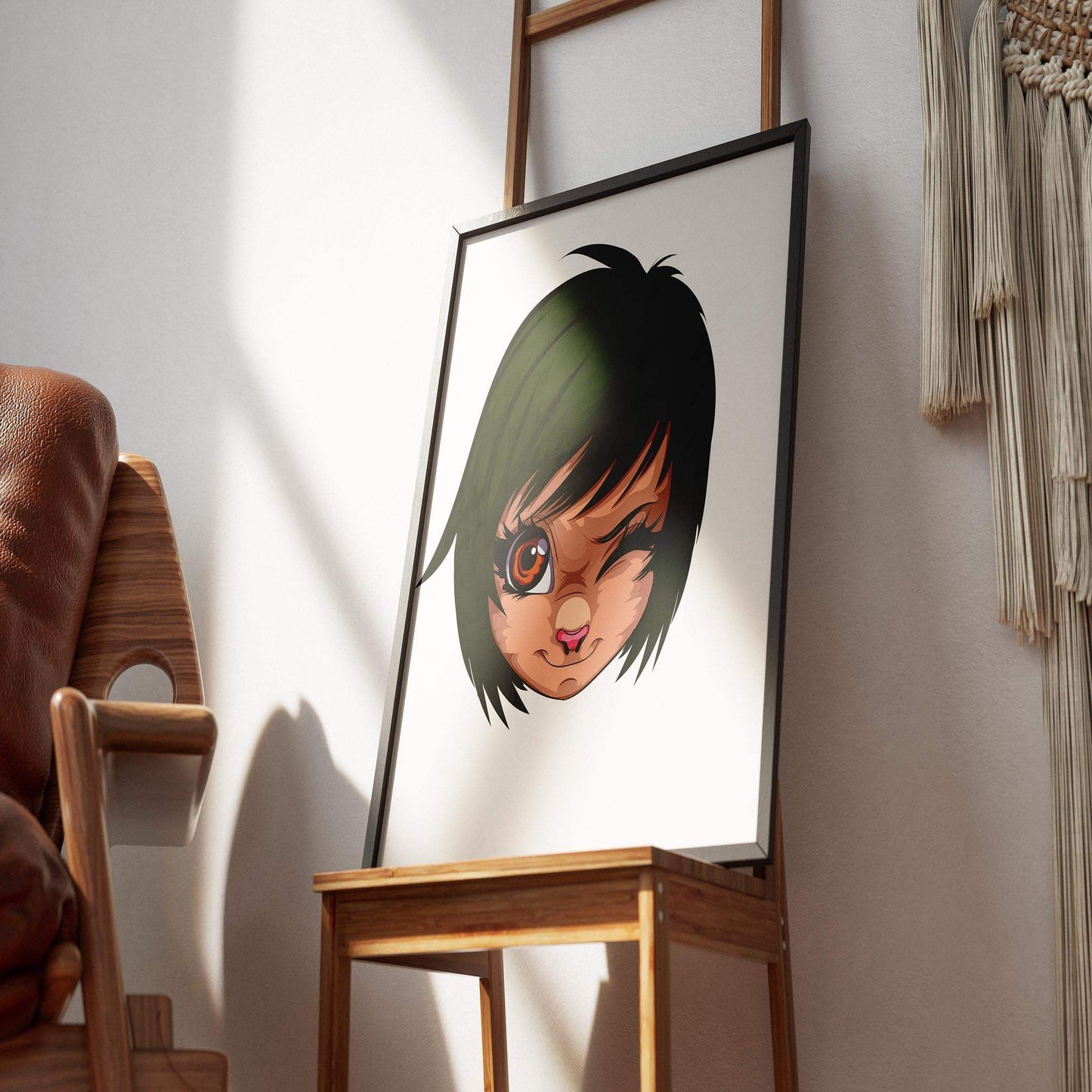 Furry portrait with green eyes and winking expression on display, titled "Baked Art - Furries Model 1".