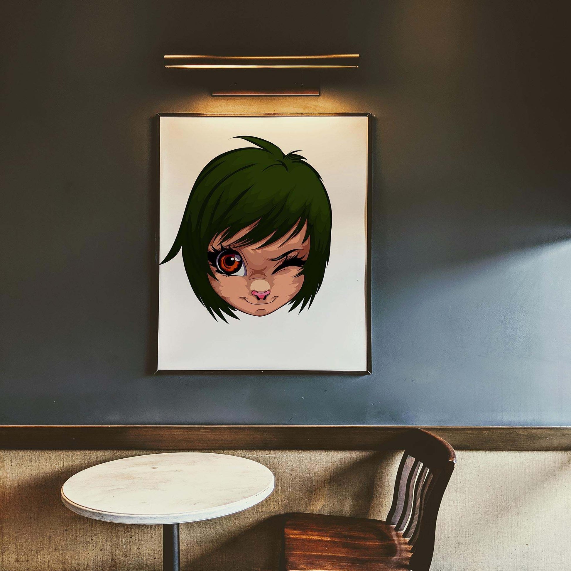 Green-eyed mischievous furry portrait on a wall in a cozy room setting, showcasing dynamic digital art.