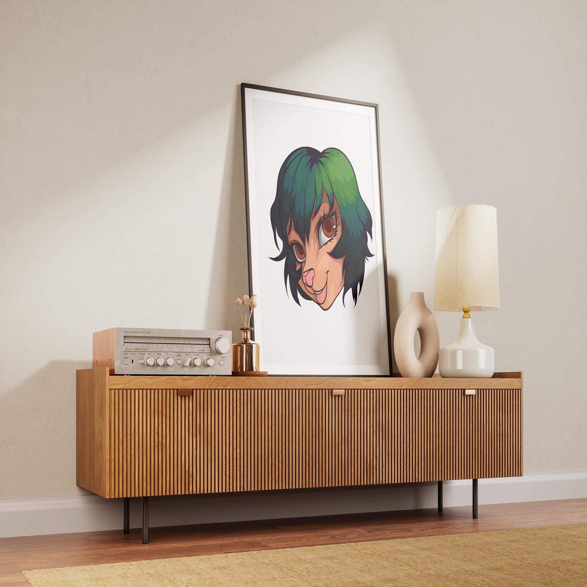 Digital art print of a furry character with green-tinged hair and brown eyes displayed on a modern wooden console.