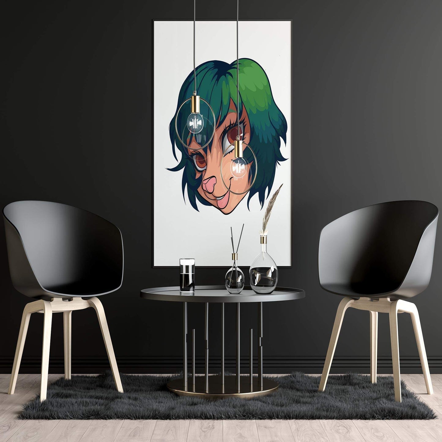 Contemporary furry art print in elegant room setting, featuring expressive character design with green-tinged hair.