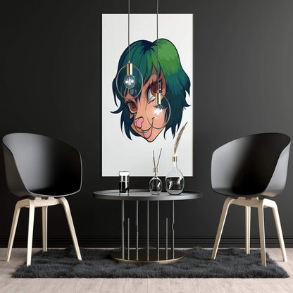 Contemporary furry art print in elegant room setting, featuring expressive character design with green-tinged hair.