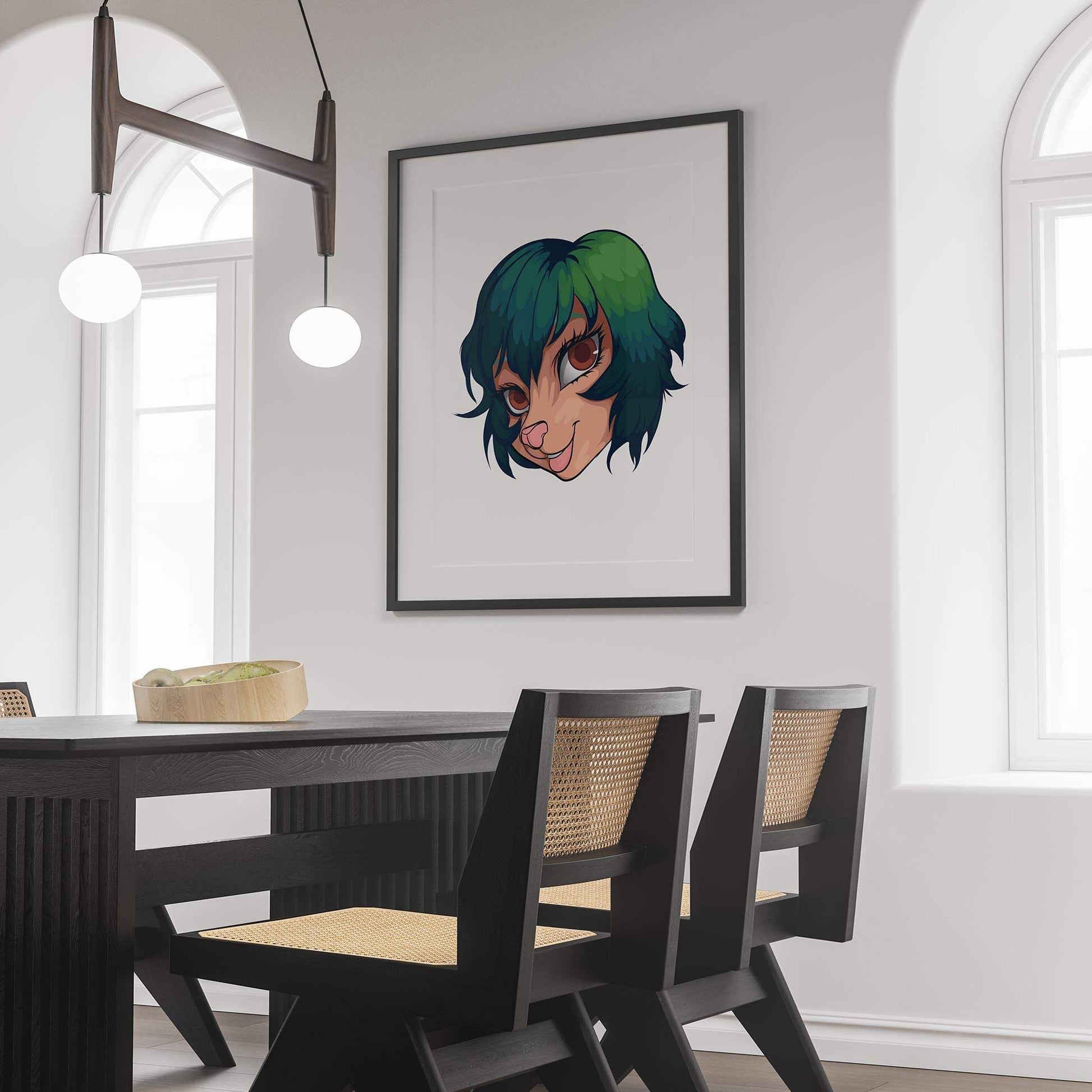 Framed furry character digital art with green-tinged hair in stylish room setting.
