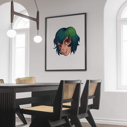 Framed furry character digital art with green-tinged hair in stylish room setting.