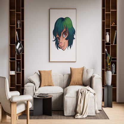 Furries Model 21 wall art featuring a furry character with expressive brown eyes and green-tinged hair, perfect for digital artists and furry enthusiasts.