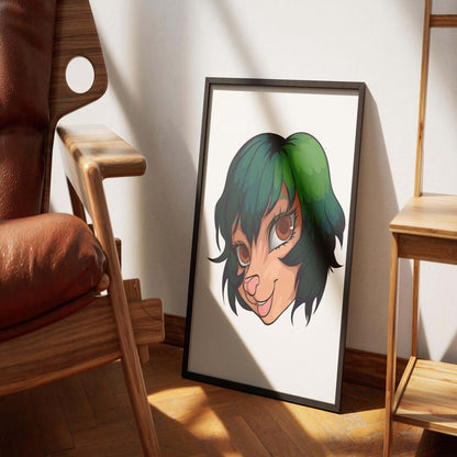 Digital art of furry character in a frame, featuring expressive brown eyes and green-tinged hair, perfect for art lovers and creators.