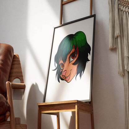 Furry character illustration with green-tinged hair and brown eyes, framed digital art.