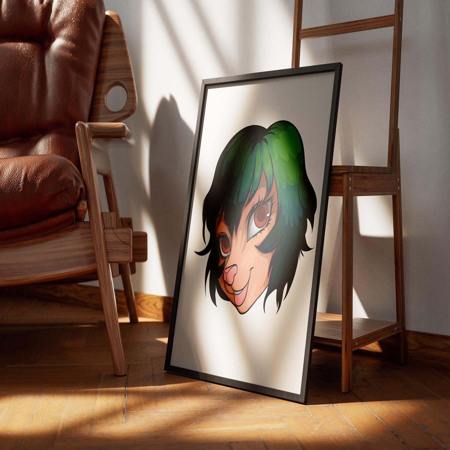 Framed illustration of a furry character with green-tinged hair and brown eyes, titled "Furries Model 21 - Digitalized Arts Baked Art," displayed in a sunlit room.