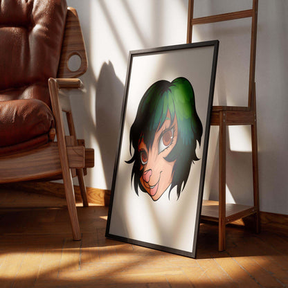 Framed illustration of a furry character with green-tinged hair and brown eyes, titled "Furries Model 21 - Digitalized Arts Baked Art," displayed in a sunlit room.