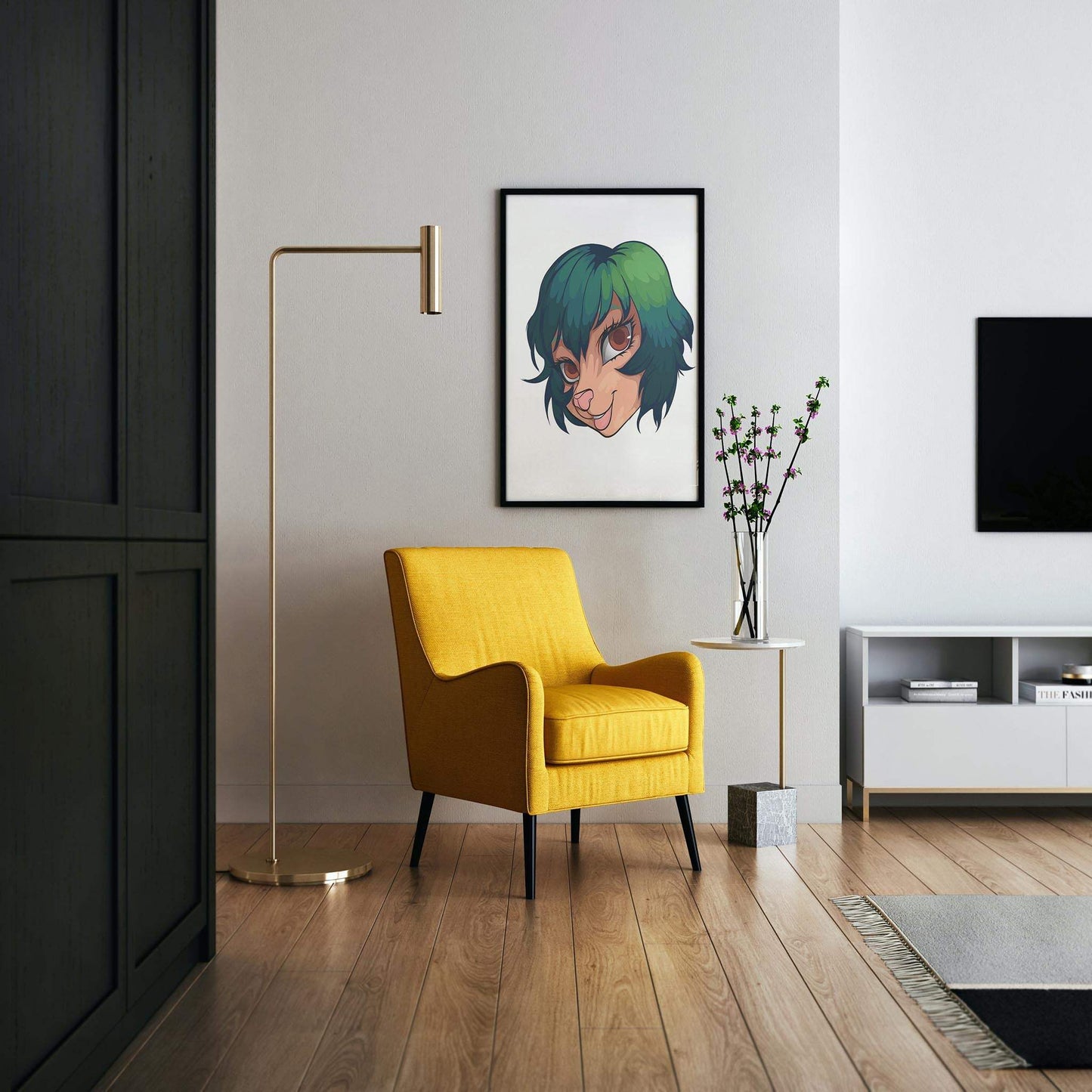 Digital art of a furry character with green-tinged hair, Baked Art - Furries Model 21, displayed in a modern living room with a yellow chair and floor lamp.