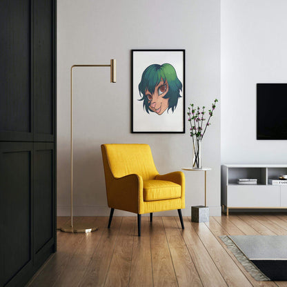 Digital art of a furry character with green-tinged hair, Baked Art - Furries Model 21, displayed in a modern living room with a yellow chair and floor lamp.