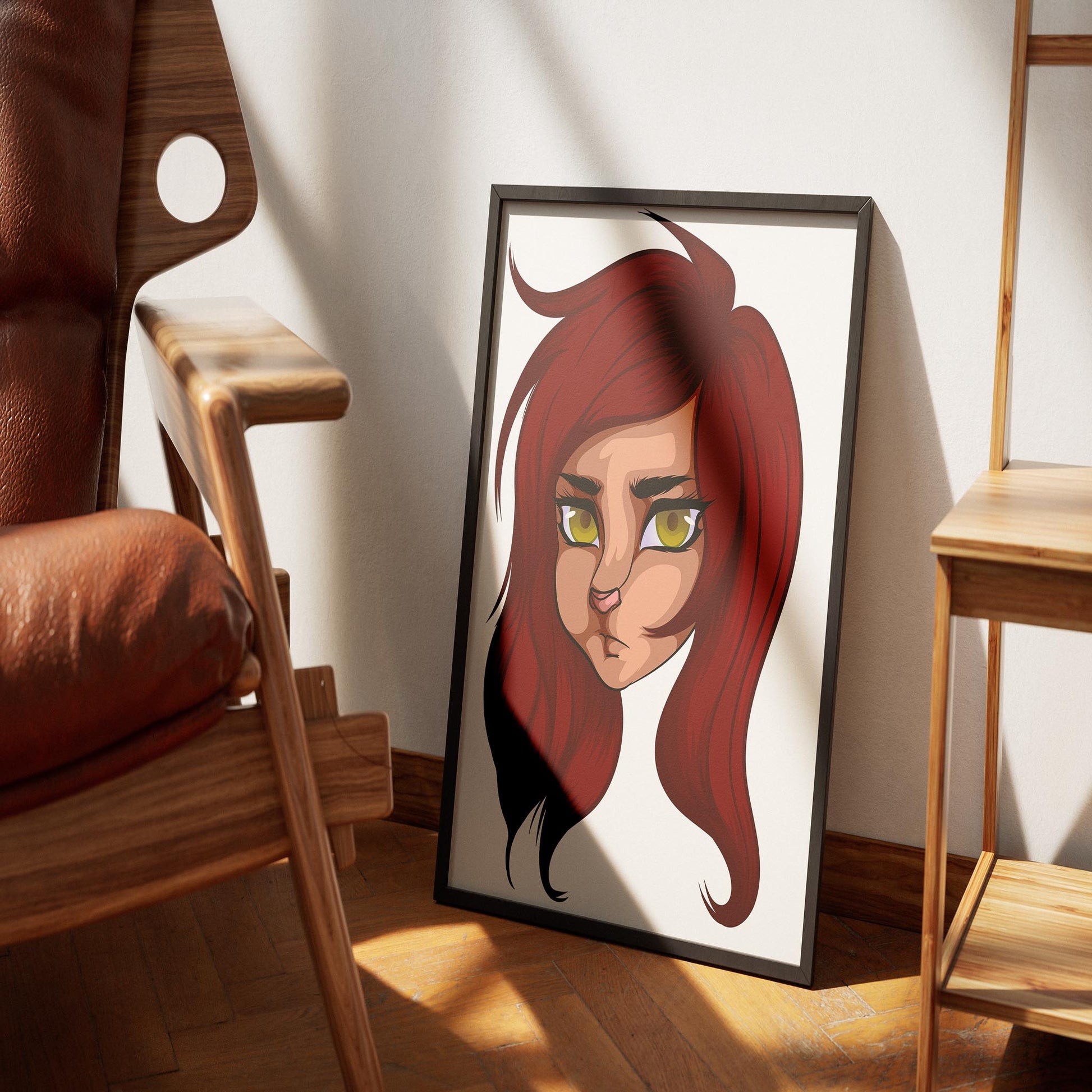 Fursona portrait with red hair and yellow eyes, framed digital art on wooden floor.