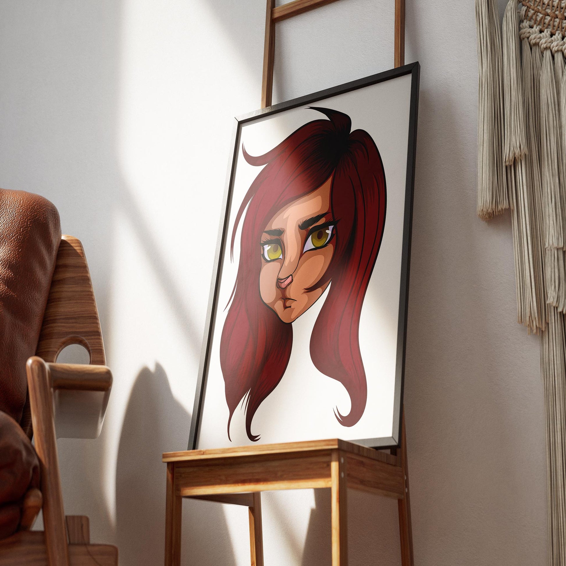 Furry art portrait with red hair and yellow eyes, titled "Furries Model 27 - Digitalized Arts Baked Art," displayed on an easel.