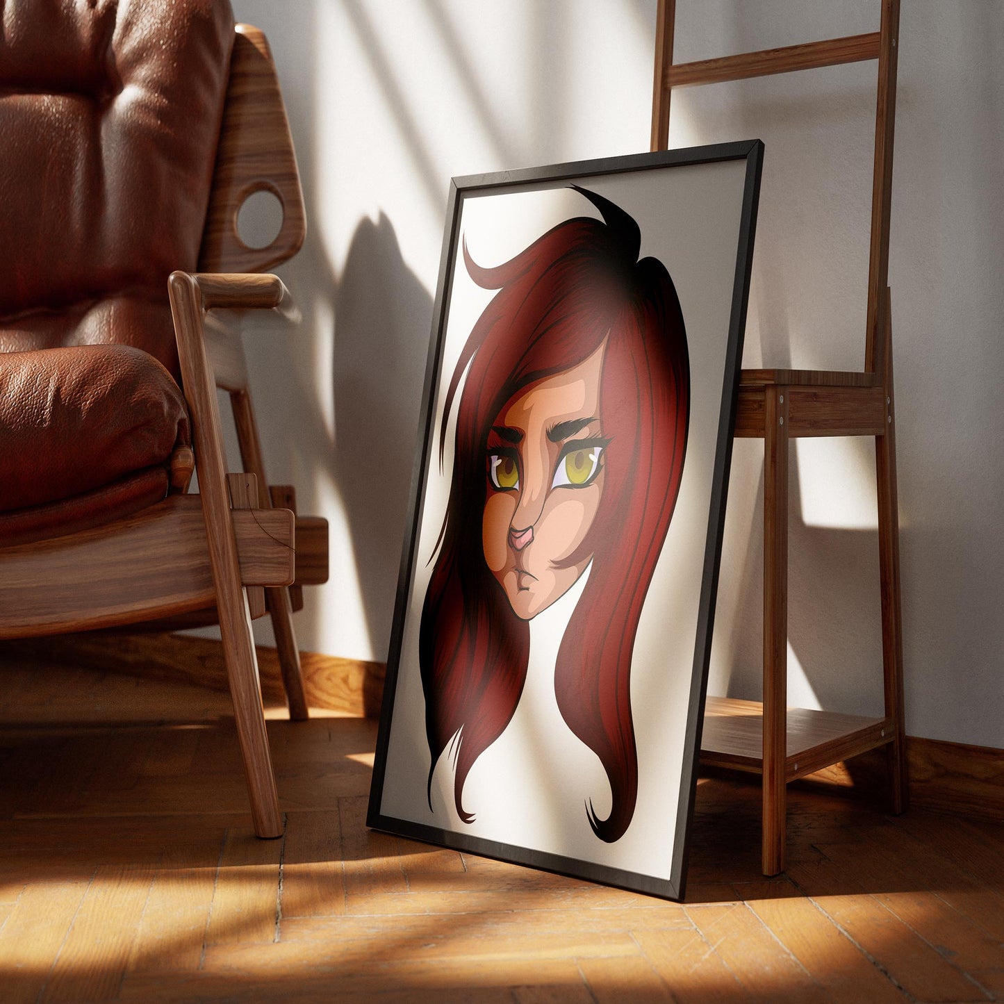Framed digital fursona portrait art with red hair and yellow eyes, titled "Furries Model 27 - Digitalized Arts Baked Art".