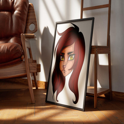 Framed digital fursona portrait art with red hair and yellow eyes, titled "Furries Model 27 - Digitalized Arts Baked Art".