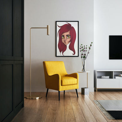 Digital art portrait of a red fursona with yellow eyes titled "Furries Model 27" displayed in a modern room with a yellow chair.