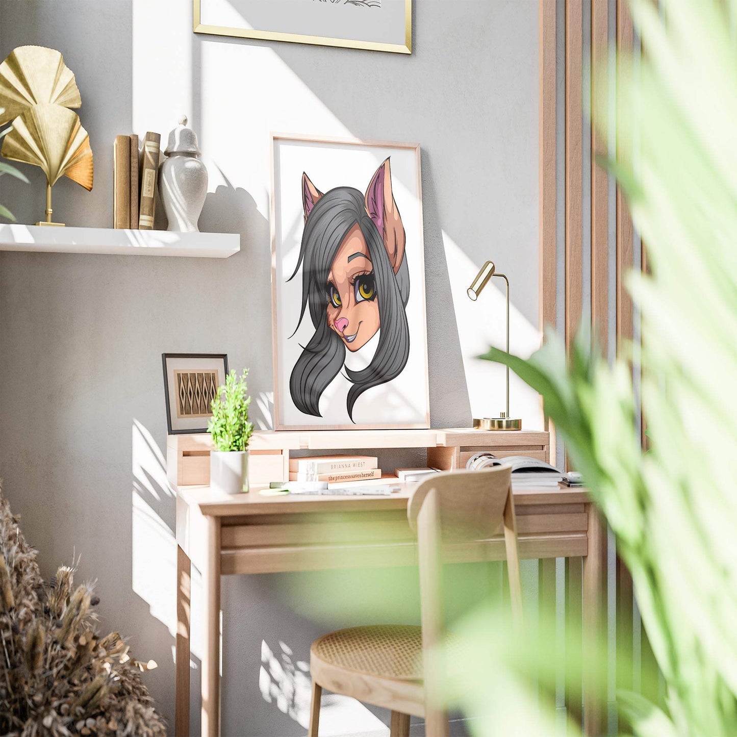 Digital Furry Art on Desk: Gray Fur, Yellow Eyes, Feline Portrait
