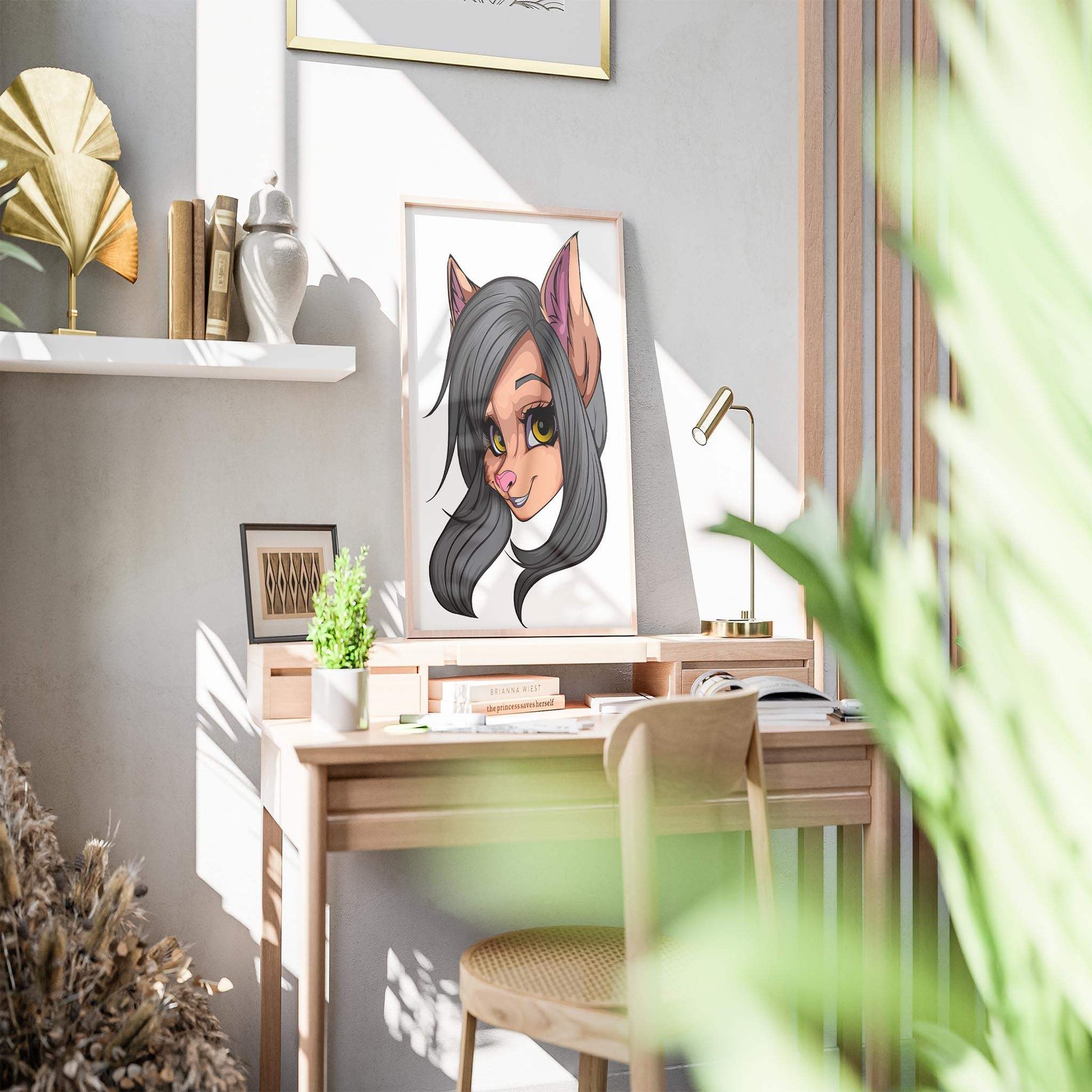 Digital Furry Art on Desk: Gray Fur, Yellow Eyes, Feline Portrait