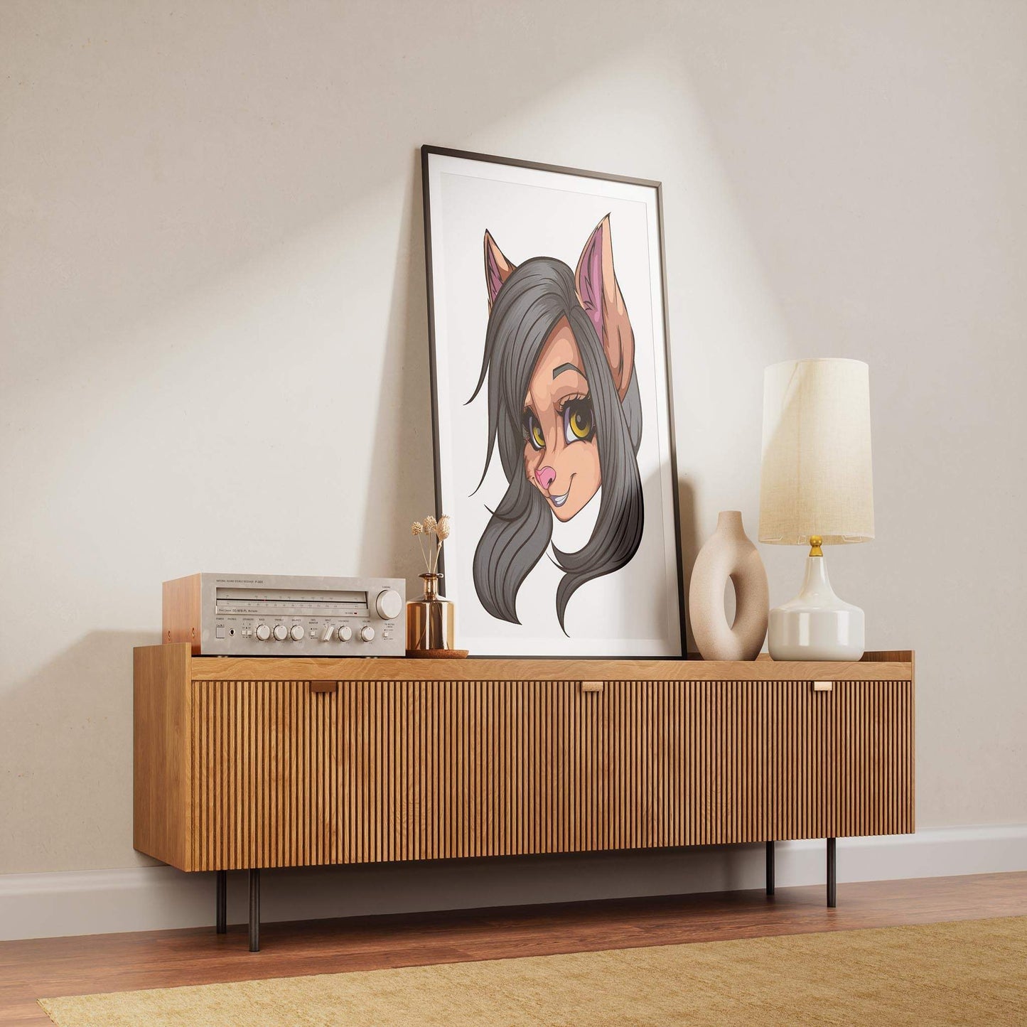 Artistic portrait of a furry model displayed on a sleek wooden console table, featuring feline features and vibrant color details.