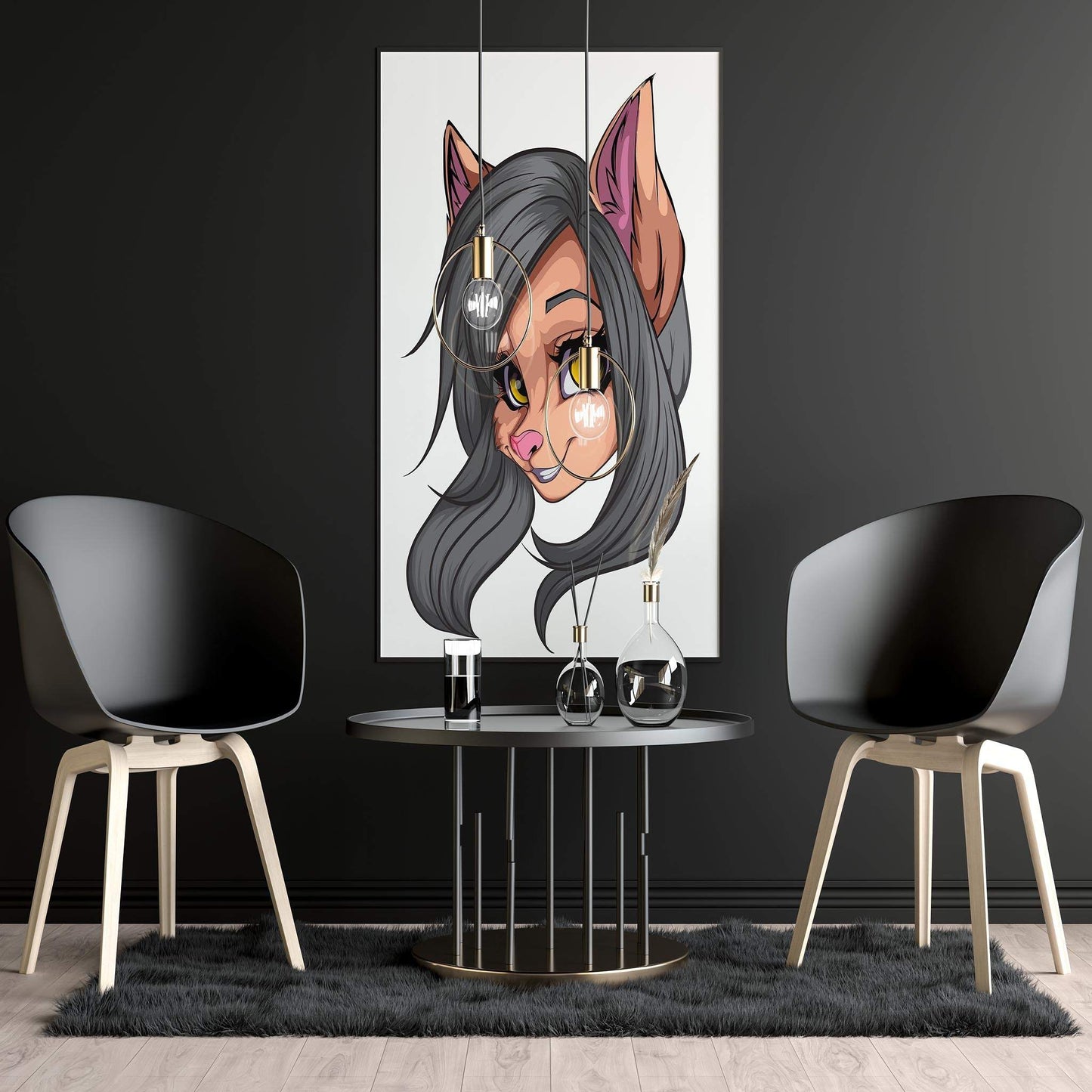 Baked Art - Furries Model 2 digital feline portrait with gray fur and yellow eyes in a modern interior setting.